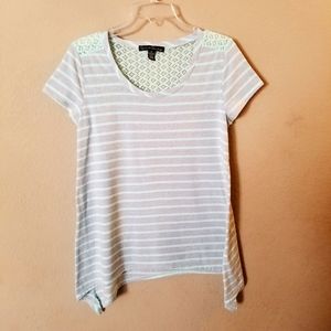 French Laundry Women's Gray & Mint Green Striped Top w/ lace Size Small